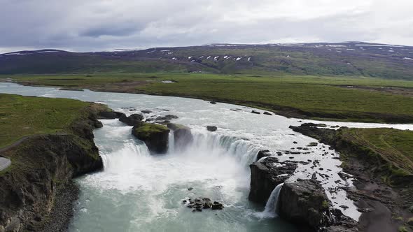 Flying Above the Godafoss Waterfall in Iceland