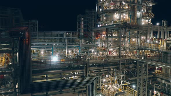 Pipelines of the Petroleumprocessing Plant Shot at Night