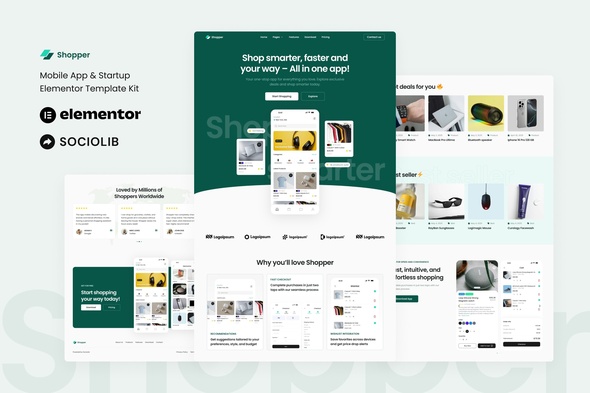 Shopper - Mobile App & Startup Showcase Elementor Template Kit