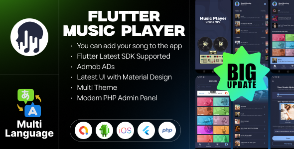 Flutter Music Player - Online MP3 (Songs) App With PHP Admin Panel | 10.0