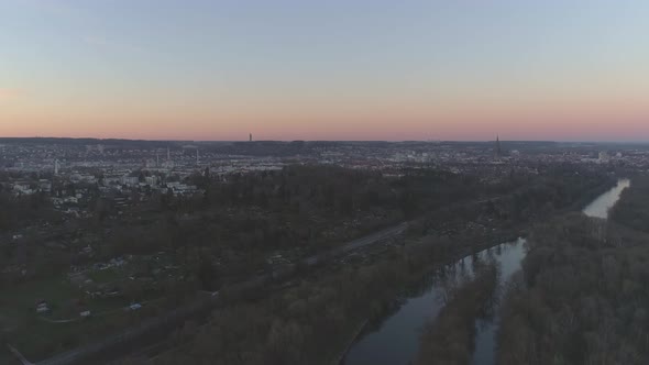 Danube River in Ulm with Drone at Sunset