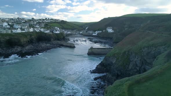 aerial of fishing village of Port Isaac, on the North Cornwall Coast, England UK