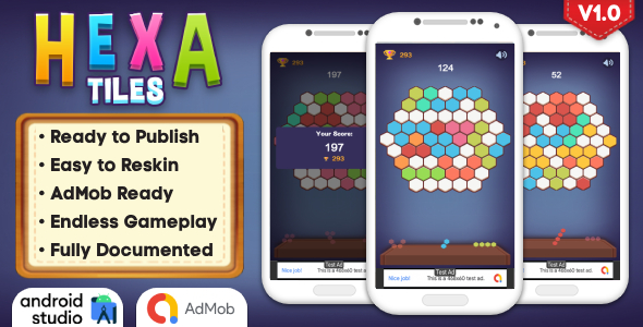 Hexa Tiles - Puzzle Game Android Studio Project with AdMob Ads + Ready to Publish