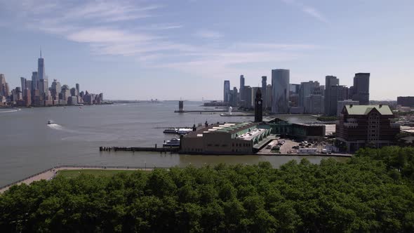 Aerial view towards the Hoboken NJ Transit Terminal, in sunny New Jersey, USA