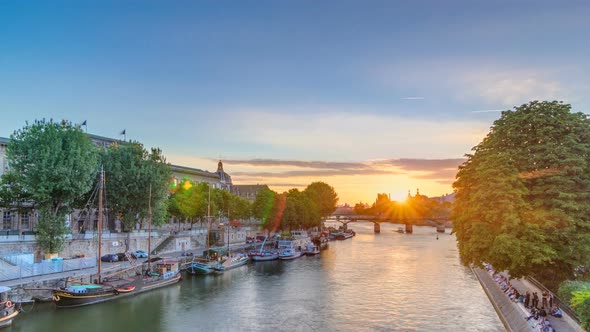 View on Pont Des Arts in Paris at Sunset Timelapse France