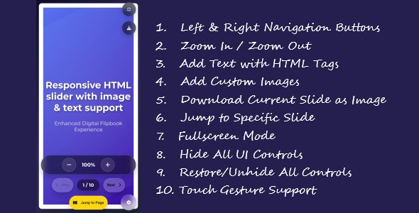 Responsive HTML slider with image & text support, touch gestures, and manual play controls