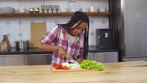 Young Afroamerican Woman Cooking Vegetable Salad in Home Kitchen