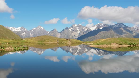 Caucasus Mountains Reflecting in Calm Water of Koruldi Lakes in Svaneti Georgia