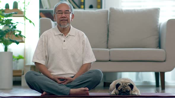 Asian elderly senior man doing yoga with dog pug breed in living room at home