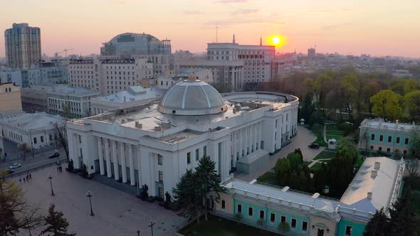 Verkhovna Rada of Ukraine During Sunset. The Building of the Ukrainian Parliament