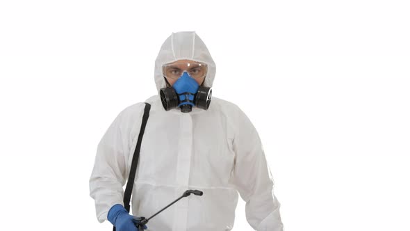 Disinfectant Walking with Antiviral Liquid Tank Looking To Camera on White Background.
