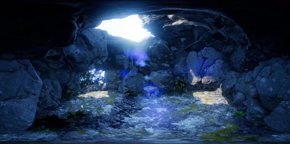 VR 360 Camera Moving Inside Tropical Cave in Jungle with Palms and Sun Light alt