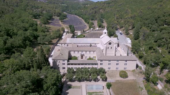 Drone view of Senanque Abbey near Gordes village in Provence, France