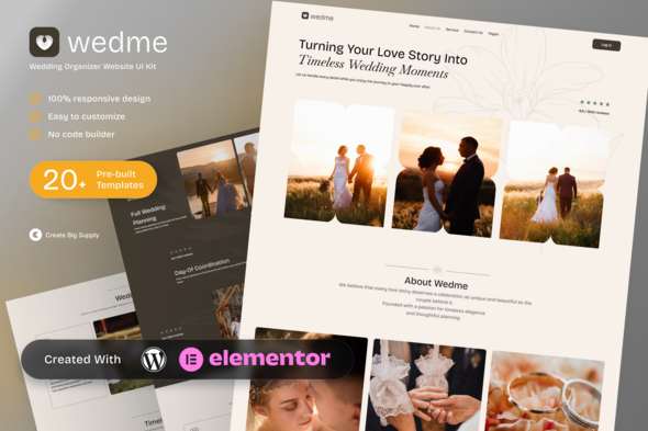 Wedme - Wedding Organizer Elementor Template Kit for Event Planning and Bridal Services