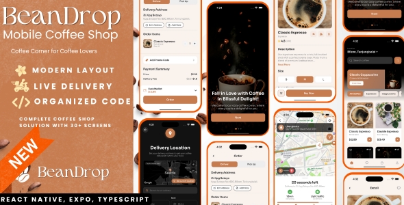 BeanDrop – Android & iOS Coffee Shop App UI Template | React Native, Expo, TypeScript, Mock API