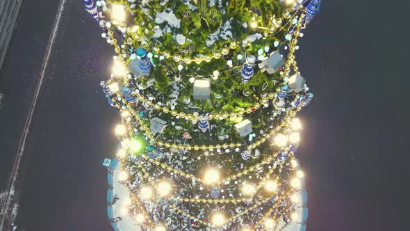 Gorgeous Lights on the New Year Tree in the Center of the Square Aerial View