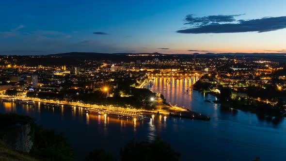 Koblenz Oldtown and Deutsches Eck At Night Time Lapse in 4K