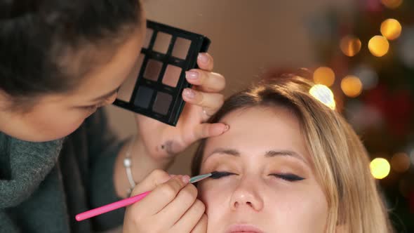 Make-up Artist Woman Fashion Model Apply Eyeshadow. With Brush