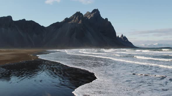 Drone Over Tide And Beach Towards Vestrahorn