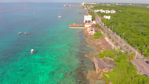 4k Drone footage over shore road in Cozumel Mexico