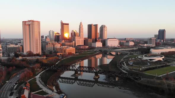 Columbus Ohio downtown skyline at dusk - aerial drone