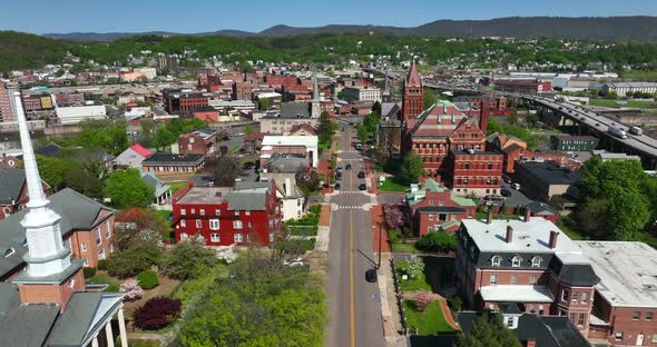 Cumberland Maryland in Allegany County, Western MD. Aerial of church, courthouse and historic distri