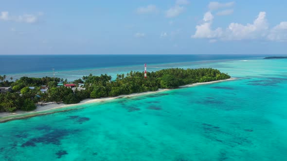 Daytime fly over island view of a paradise sunny white sand beach and blue sea background in hi res 