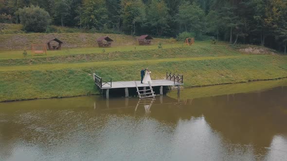 Groom with Bride Near Lake in the Park, Wedding Couple, Aerial Shot