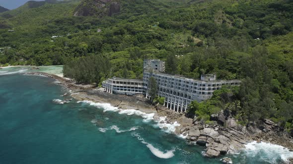 Aerial view of an abandoned beach hotel, Port Glaud, Seychelles.