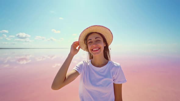 Clouseup Summer Colorful Portrait Pretty Woman in Hat Happy Smiling on Pink Lake