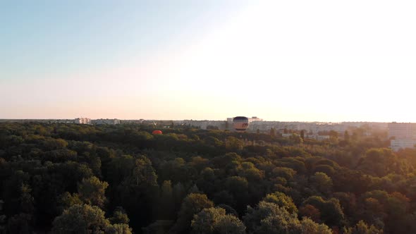 Beautiful balloons fly over the forest, park, city