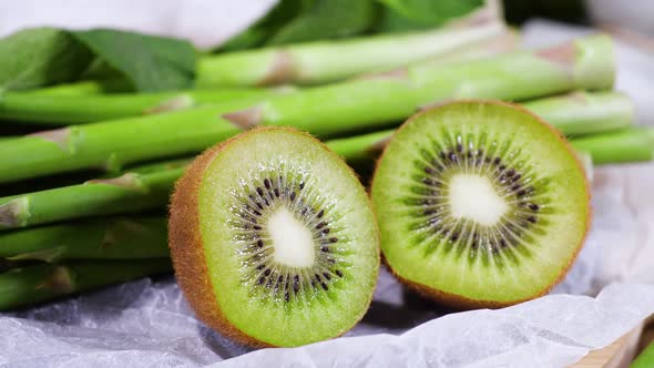 Asparagus and Kiwi Fruit Fresh Harvest Green Concept of Healthy Eating and Vegetarian Food