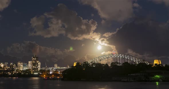 Timelapse of moonrise over Sydney Harbour Bridge Full Moon, Australia, 4K H264