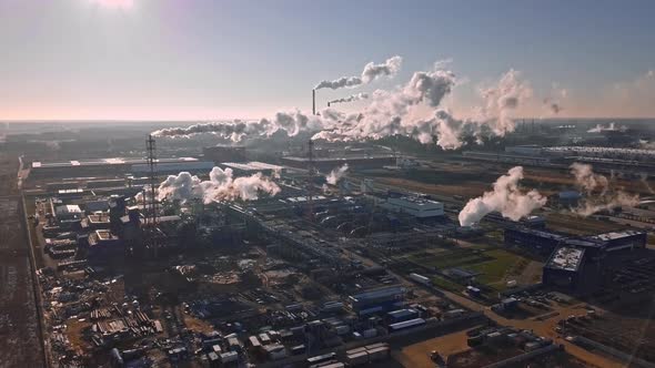 Aerial photography from drone of pipes of factories and factories