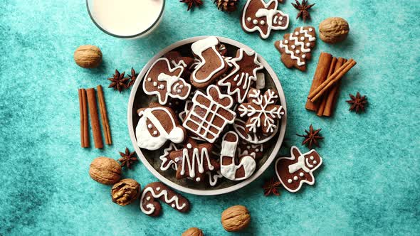 Sweet Christmas Composition. Assortment of Gingerbread Cookies on a Plate