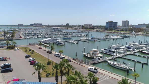 Aerial of Corpus Christie shoreline  with boats and yachts docked