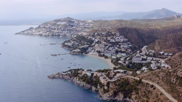 Aerial of Famous Coastal Mediterranean Town of Roses Spain