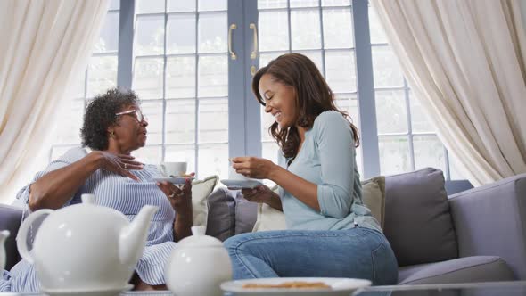 Senior mixed race woman drinking tea with her daughter in social distancing