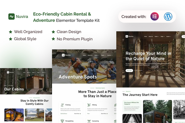 Nuvira - Eco-Friendly Cabin Rental & Adventure Elementor Template Kit