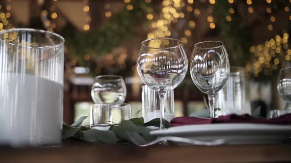 Wine glasses. Decor on the table.