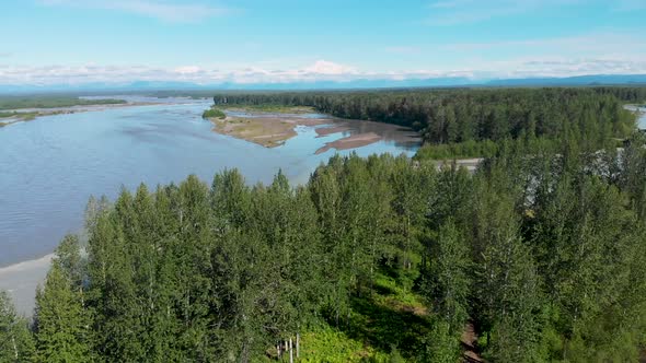 4K Drone Video of Susitna River with Denali Mountain in Distance on Alaska Summer Day