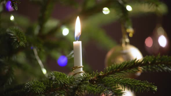 Festive Christmas tree with candle and ornaments at night, close up