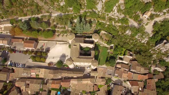 Aerial travel drone view of Balazuc, Southern France.