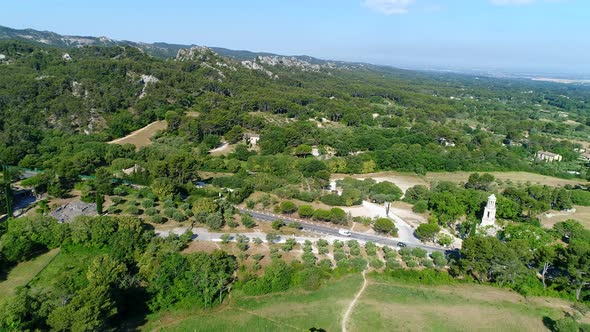 Mausoleum of Glanum in Saint-Remy-de-Provence in France from the sky