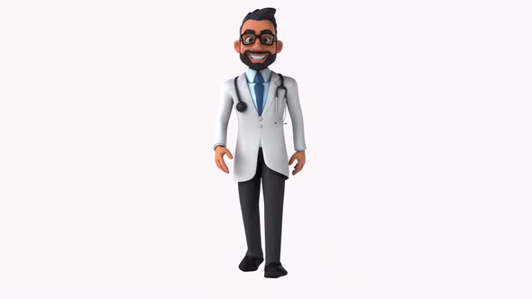 Fun 3D cartoon animation of a fun indian doctor with alpha included