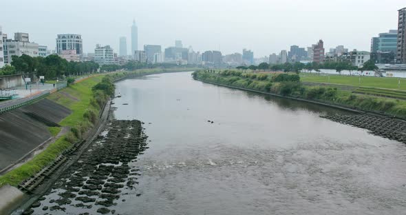 Taipei city river side under air pollution