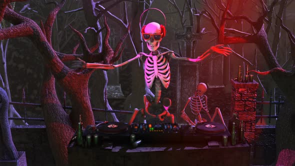 Dj skeleton in a graveyard party