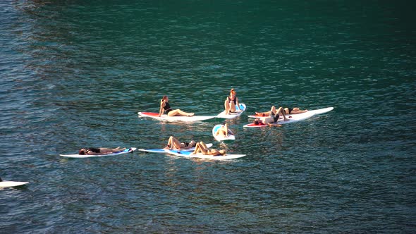 Group of Young Womens in Swimsuit Doing Yoga on Sup Board in Calm Sea Early Morning