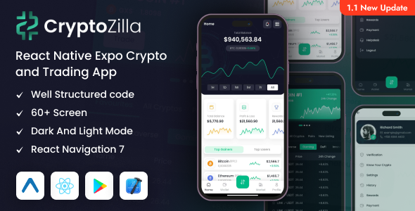 CryptoZilla - React Native Expo Cryptocurrency Mobile App Template