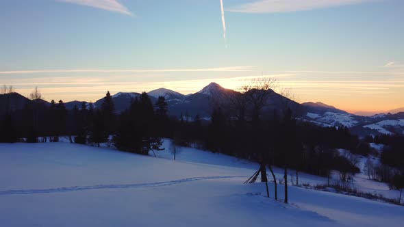 A View of a Snowy Winter Landscape at Dusk